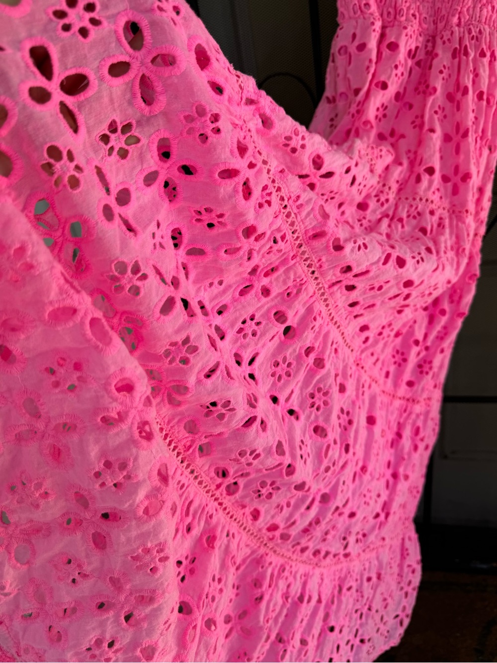 FLOWERS BY ZOE maxi dress in pink coral hot pink eyelet smocked size L - Picture 8 of 10